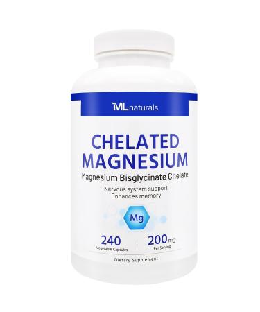 ML Naturals Chelated Magnesium 200 mg 240 Vegetable Capsules. Supports The Nervous System and Enhances Memory, Third-Party Lab Tested 240 Count (Pack of 1)