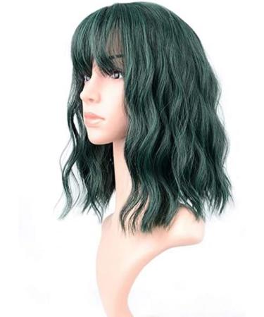 Faelbaty Short Bob Green Wavy Wig with Air Bangs for Women - Synthetic Cosplay Wig in Dark Green - Shoulder Length Curly Wavy Bob Wig for Girls - Buy Online on GoSupps.com