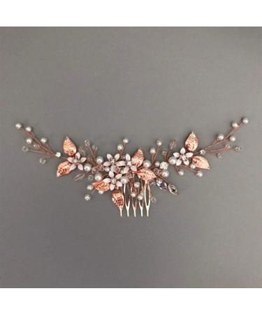 BERYUAN Women Wedding Rose Gold Leaves Flower Rhinestone Pearls Hair Comb Wedding Hair Comb Flower Leaves Pearl Bridal Headband Rose Gold Bridal Hair Accessories for Wedding Women Girls (rose gold)