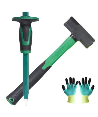 2lb Sledge Hammer & Flat Chisel with Hand Protection for Tile/Rock/Masonry/Concrete/Brick, Mason tip Head Chisel & Small Drilling Hammer with Anti-Slip Handled+ A pair of gloves, Green-1