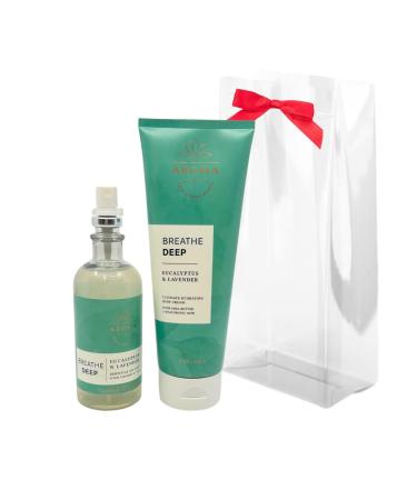 Bath & Body Works Aromatherapy Breathe Deep Eucalyptus & Lavender Gift Set with a Red Bow for Holidays & Gifts Essential Oil Mist & Body Cream