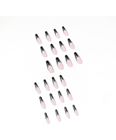 French Tip Press on Nails - Long style Press On Nails with Nail Tips Black French Flame Design Nake Pink Glossy press on nails Acrylic False Nails Cute Artificial Nails - Buy Online on GoSupps.com