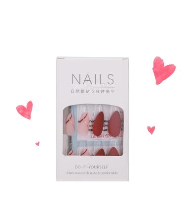 24 Pcs Short Almond Press on Nails - Solid Burgundy Medium Fake Nails with Gold Glitter Stripe | Reusable Acrylic False Nails Kit for Women | Nail Glue & Mini Nail File Included - Buy Online on GoSupps.com
