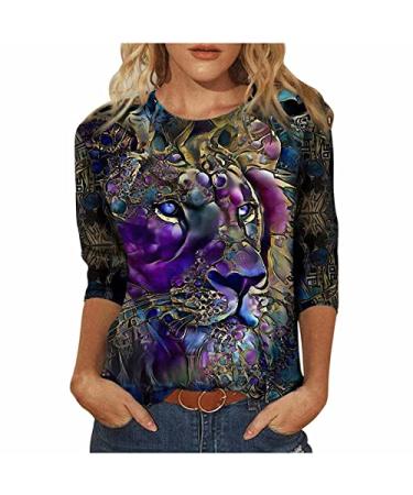 YRAETENM 3/4 Sleeve Shirts Women's Spring Colorful Lion Print Tops Tie Dye Loose Fit Tees Casual Round Neck T-Shirts Large 01 Purple