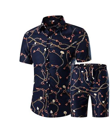 MANTORS Mens Floral Hawaiian Outfits 2 Piece Button Down Short Sleeve Shirt and Shorts Sets Dc07 X-Large