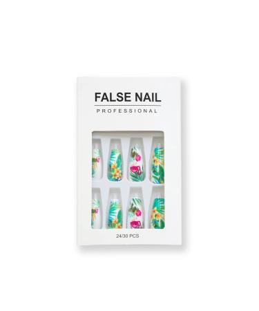 Tropical Press on Nails  24 Pcs Long Coffin Fake Nails  Flower Leaf Designs Spring Summer Glue on Nails  Full Cover False Nails  Hawaiian Exquisite Static False Nails for Women