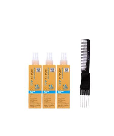 kuss Inebrya Ice Cream Pro Volume 15 In 1 Spray (6.76 oz) with Teasing Comb Pack of 3 Yellow