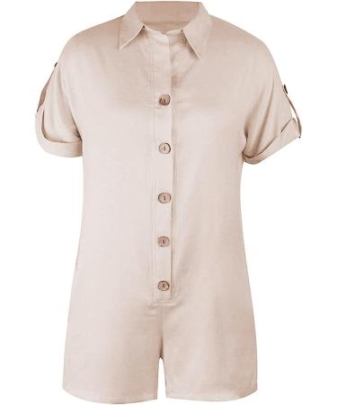 ESCBUKI Button Down Jumpsuit Women Solid Color Romper Dress, Short Sleeve Pantsuit - Khaki Sundress - Buy Online on GoSupps.com