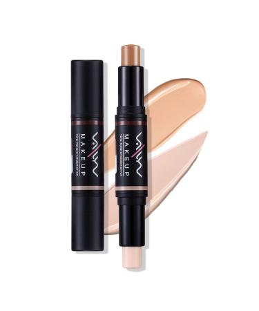 Double-headed contouring stick, highlight, contour stick, concealer contour pen, highlighter stick, double-headed makeup concealer contouring cream set facial contouring pen stick Light coffee color + pearl white