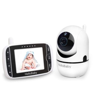 HelloBaby Video Baby Monitor with Remote Camera Pan-Tilt-Zoom, 3.2'' Color LCD Screen, Infrared Night Vision, Temperature Display, Lullaby, Two Way Audio Black
