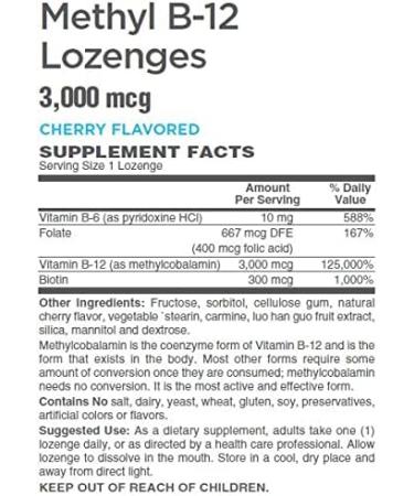 Methyl B-12 3 000mcg w/Folic Acid Biotin and B-6 Lozenges (100 Lozenges) 100 Count (Pack of 1) - Buy Online on GoSupps.com