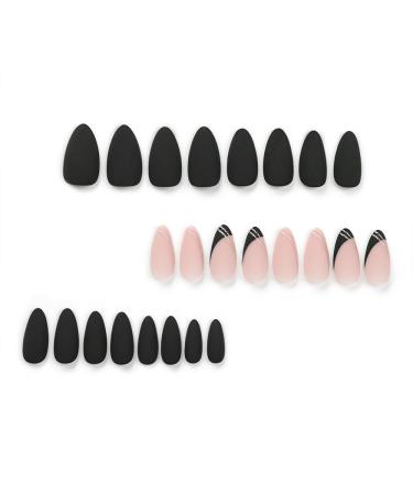 Shop Black Press-On Nails - Short Medium Almond Shaped French Tips with Gold Lines | 24 Pcs Acrylic Fake Nails for Women & Girls - Buy Online on GoSupps.com