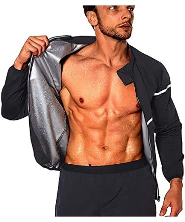 NINGMI Sauna Suit for Men Sweat - Long Sleeve Shirt Jacket Workout Body Shaper Zipper Top Slimming Fitness Trainer Gym Black Large