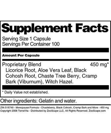 Menopause Formula 450mg - Chasteberry, Black Cohosh, Cramp Bark - 100 Capsules (ZIN 516749) - Buy Online on GoSupps.com
