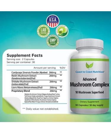 Advanced Mushroom Complex - Lion's Mane Reishi Cordyceps Chaga Turkey Tail Maitake 10X Mushroom Blend Superfood Immune Support & Nootropic Brain Supplements for Immunity & Energy - 60 capsules - Buy Online on GoSupps.com