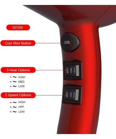 1875W Professional Ionic Hair Dryer - Lightweight Salon Blow Dryer with 2 Speeds 3 Heat Settings Diffuser Concentrator & Comb - Fast Drying - Red - Buy Online on GoSupps.com