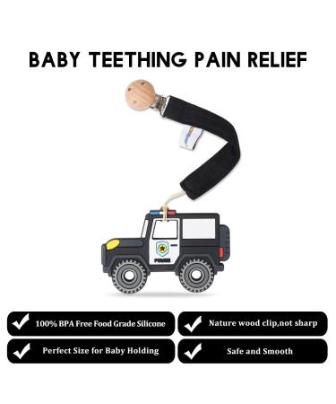 Baby Food Grade Silicone Car Teether Toy with Pacifier Clip Holder - Police Car Black | Teething Pain Relief Gift Set for Boys and Girls (3 Months+) | BPA Free & Freezer Safe - Buy Online on GoSupps.com