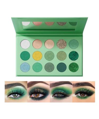 OKENTEN 15 Color Green Eyeshadow Palette, Highly Pigmented Matte Glitter Shimmer Metallic, Halloween Makeup Pallete, Vegan Eye Shadow Powder Long Lasting 3