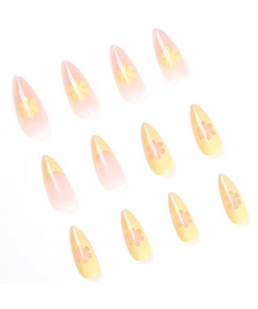 Luvadeyo 24 PCs Press on Nails - Medium Almond Yellow Flower Fake Nails with Glue for Women & Girls - Buy Online on GoSupps.com