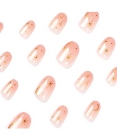 24pcs Short Oval False Nails Gold Star Stick on Nails Nude Pink Press on Nails Removable Glue-on Nails Fake Nails Nail Art Accessories 0223Y93 - Buy Online on GoSupps.com