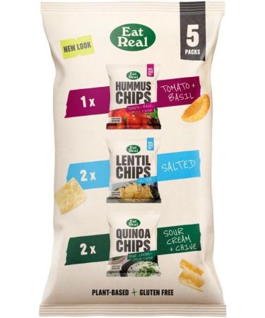 Eat Real Mixed Multipack 8 x 5 bags (2 x 18g Salted Lentil Chips 2 x 20g Sour Cream & Chive Quinoa Chips 1 x 22g Tomato & Basil Hummus Chips) Gluten-Free Crisps Box - Buy Online on GoSupps.com