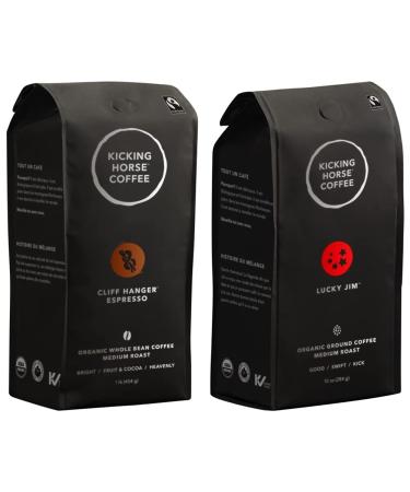 Kicking Horse Coffee Cliff Hanger Espresso Medium Roast Whole Bean 1 lb - Certified Organic Fairtrade & Lucky Jim Medium Roast Ground 284 g - Certified Organic Fairtrade Kosher Coffee