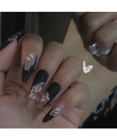 24 pieces coffin ballerina false nails to stick on long wrong nails French fingernails nail nails tip acrylic art press on the nail tips for women girls butterfly black