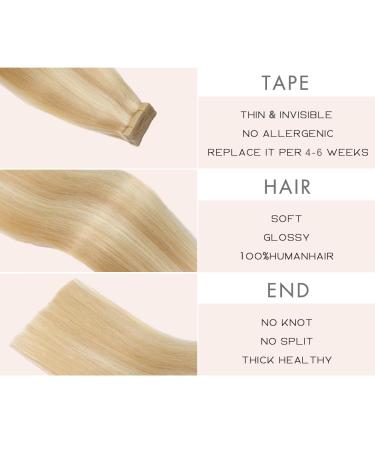 YDDM Tape in Extensions - 20Pcs 50cm Ash Blond & Bleach Blond Real Hair | Invisible Tape Hair Extensions (20 Inch 18/613#) - Buy Online on GoSupps.com
