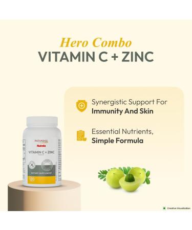 patanjali Nutrela Vitamin C + Zinc Capsules | Immune Support Supplement with Plant-Based Herbal Blend | Antioxidant & Immunity Booster for Adults | 120 Vegetarian Capsules - Buy Online on GoSupps.com