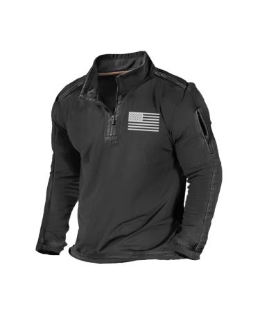 H HYFOL Men's USA Flag Graphic Pocket Pullover American Patriotic 1/4 Zip Stand Collar Long Sleeve Sweatshirts Black X-Large