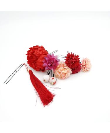 Japanese Kimono Hair Clips - Chiffon Flower Hairpins with Tassel | 9-Piece Set of Women's Hair Accessories for Weddings & Photo Props - Yellow - Buy Online on GoSupps.com