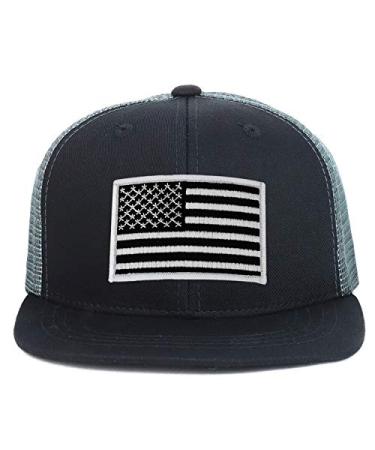 Armycrew Youth Kid's Black White American Flag Patch Flat Bill Snapback Trucker Cap One Size Black Grey