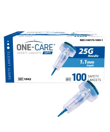 ONE-CARE OPTI Safety Lancets Top Button Activated 25G x 1.1mm LowFlow 100/bx