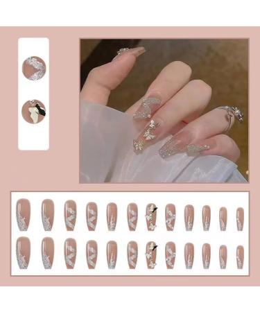 French Tip Press on Nails - Long Ballet shape Press On Nails with Nail Tips Sparkling silver ribbon butterfly relief Glitter Design Glossy pink press on nails Acrylic False Nails Cute Artificial Nails - Buy Online on GoSupps.com