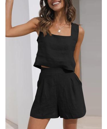 Automet Women's 2 Piece Linen Matching Set - Crop Top and Shorts | Trendy Summer Outfit 2023 | Black, Medium - Buy Online on GoSupps.com