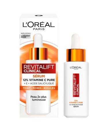 L Or al Paris 12% Pure Vitamin C Serum + Salicylic Acid + Vitamin E Antioxidant & Anti-Aging Uneven Skin Tone Pores and Fine Lines Anti-UV Bottle Revitalift Clinical 30 ml