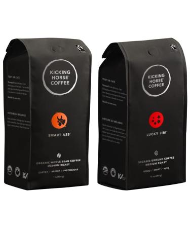 Kicking Horse Coffee Smart Ass Medium Roast Whole Bean 1 lb - Certified Organic Fairtrade Kosher Coffee & Lucky Jim Medium Roast Ground 284 g - Certified Organic Fairtrade Kosher Coffee