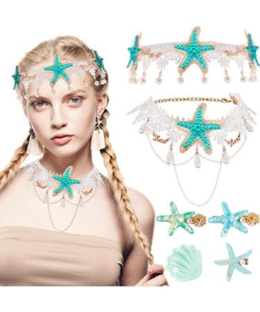 6 Pieces Mermaid Hair Accessories Starfish Hairband Starfish Shell Necklace Mermaid Headband Seashell Starfish Hair Clip Mermaid Hair Clip Mermaid Costume Accessories for Women Girl Chirstmas Supplies