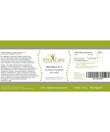 Vitacare Intestinal Flora 21+ | 180 Vegan Capsules with 21 Bacterial Cultures & Prebiotic Inulin - Buy Online on GoSupps.com