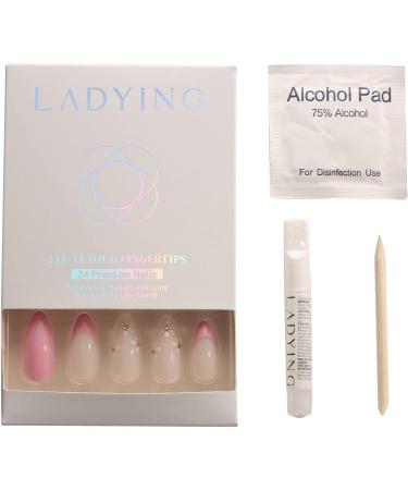 LADYING 24 Pcs Almond Fake Nails Short Peach Pink with White Flower Designs - French False Nails Set for Women - Buy Online on GoSupps.com