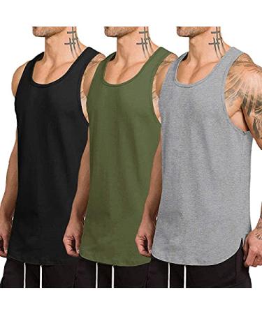 COOFANDY Men's 3 Pack Quick Dry Workout Tank Top Gym Muscle Tee Fitness Bodybuilding Sleeveless T Shirt 02-black/Gray/ Army Green Large