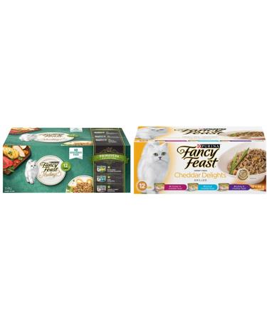 Fancy Feast Wet Cat Food | Elegant Medleys Primavera Variety Pack (12 Pack) + Cheddar Delights Grilled Variety Pack (12 Pack) Primavera Collection Wet Cat Food + Wet Cat Cheddar Food