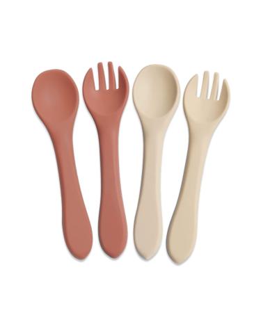 GODR7OY 4 Pieces Silicone Baby Feeding Forks and Spoons Set Soft Bendable Cutlery Set Mini Kids Utensils for Kids Toddlers Infants| BPA Free 2 Pairs (Natural Color)