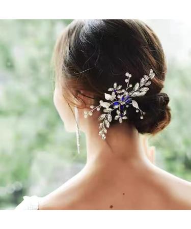 ISLHJDD Women Sapphire Crystal Blue Flower Headpiece Leaf Pearl Hair Vine Comb Wedding Hair Accessory Decorative for Bride Bridesmaid Girls - Buy Online on GoSupps.com