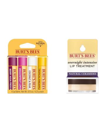 Burt's Bees Lip Balm Berry Dragonfruit Coconut & Pear Tropical Pineapple Pack & Overnight Intensive Lip Treatment