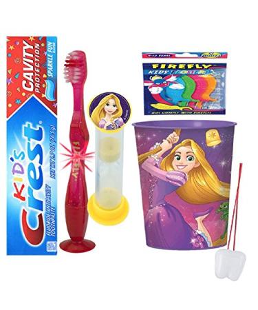 Disney Tangled Princess Rapunzel 4pcs Bright Smile Care Bundle! Light Up Toothbrush  Toothpaste  Brushing Timer & Mouthwash Rise Cup! Plus Bonus Flossers and Tooth Saver Necklace!