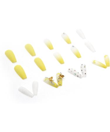 JUSTOTRY 24 Pcs Diamante Lemon French Press-on Nails with Flower Designs | Nude Medium Ballerina False Nails for Women | Acrylic Coffin Nails with Glue for Nail Art - Buy Online on GoSupps.com