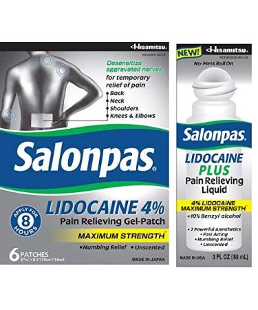 Salonpas LIDOCAINE Gel-Patch and LIDOCAINE PLUS 3 oz ROLL ON Pain Relieving Liquid! BUNDLE PACK - Buy Online on GoSupps.com