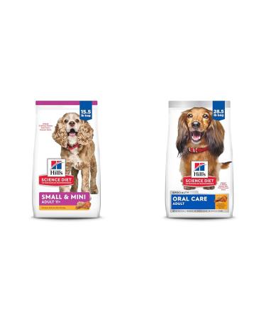 Hill's Science Diet Adult 11+ Small & Mini Chicken Meal Brown Rice & Barley Recipe Dry Dog Food 15.5 lb Bag & Adult Oral Care Chicken Rice & Barley Recipe Dry Dog Food for dental health