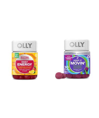 OLLY Extra Strength Daily Energy Gummy with Vitamin B12 CoQ10 Goji Berry 60 Count & Keep It Moving Constipation Relief Gummy with Rhubarb Prunes Amla 30 Count